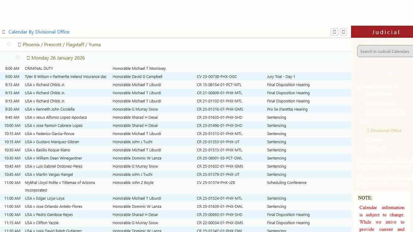 Court Calendar - USDC-AZ