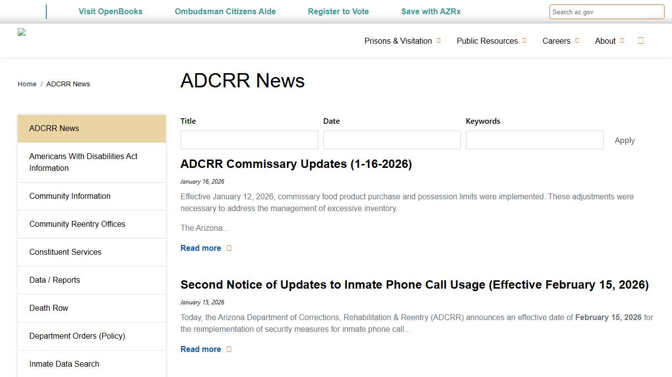 ADCRR News Arizona Department of Corrections, Rehabilitation & Reentry